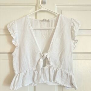 Roxy White Ruffle Sleeve Tie-Front Top